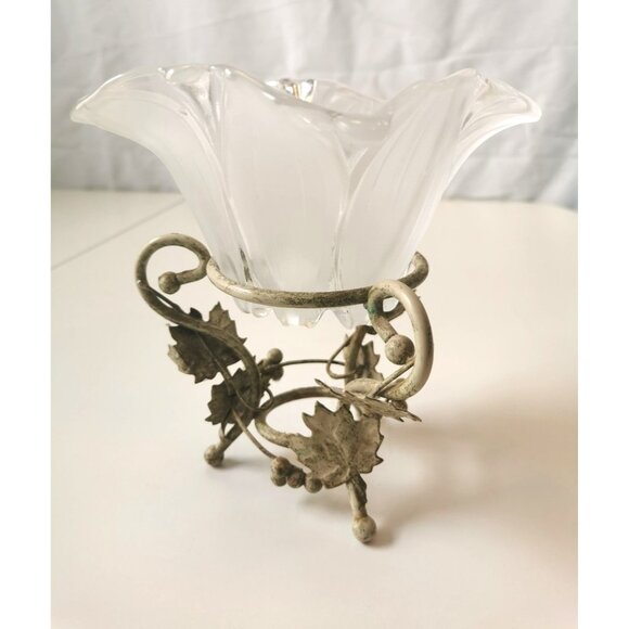 Vintage Mid-Century Glass Flower-Flared Bowl on Decorative Metal Vine/Leaf Stand - Picture 1 of 8